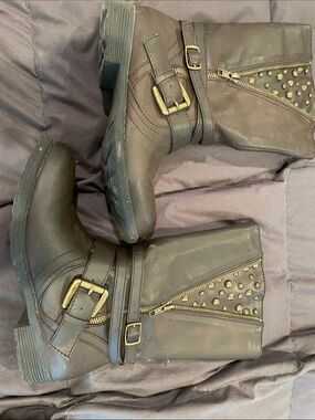 Studded Mid-Calf Combat Boots in Dark Brown